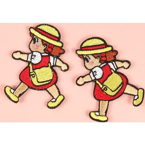 Cartoon Cute Girl In Red Dress And Yellow Schoolbag Self-Adhesive Cloth Sticker Patches For phone case Decorative cloth stickers