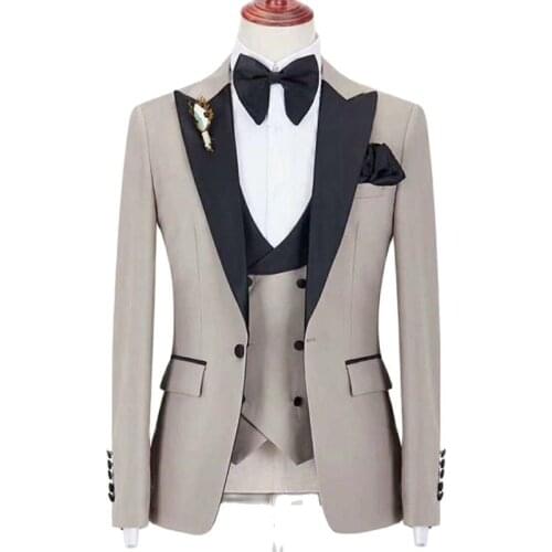 Real Picture Beige Mens Evening Dress Toast Suits Groom Tuxedos Coat Waistcoat Trousers Set (Jacket+Pants+Vest+Tie) W:288