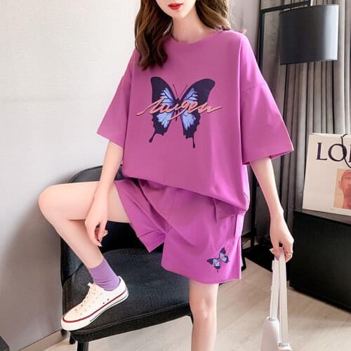 Pure Cotton Sports Suit, Female Summer Korean-Style Loose and Plus-sized Short-Sleeved T-shirt Two-Piece Running Clothes