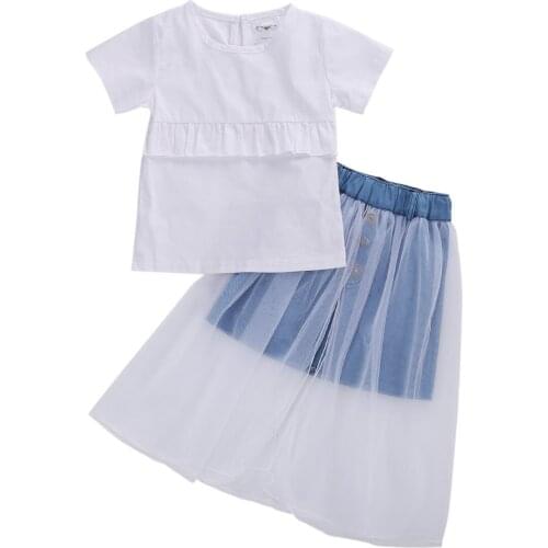 3-7Y Toddler Baby Girl 2020 Summer Outfits Plain Short Sleeve Tops + Tulle Lace Denim Skirt 2pcs Clothes Set