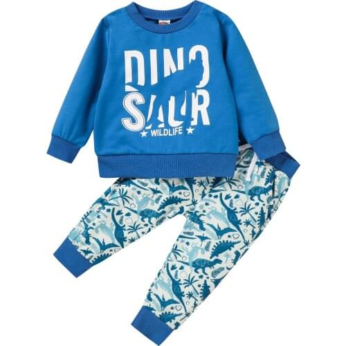 0-24M Boys Casual Two-piece Clothes Set Letters and Dinosaur Printed Pattern Pullover and Pants, Blue/ Army Green