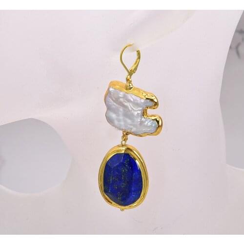 Cultured White Keshi Pearl Blue Lapis With Gold Plated Lever Back Earrings