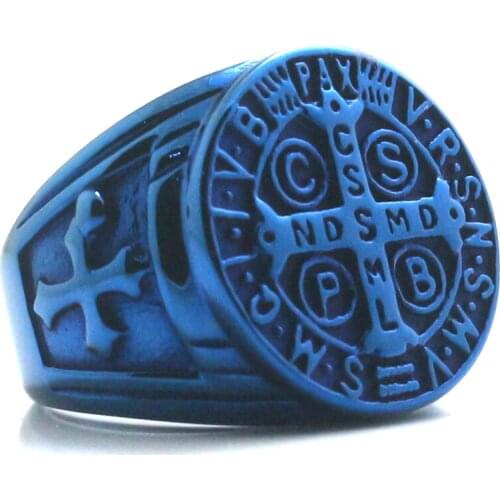Saint Benedict of Nursia Christianity Jesus Exorcism 316L Stainless Steel Blue Ring