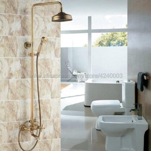 Shower Faucets Antique Brass Bathroom Retro Shower Set Faucet with Tub Mixer Tap Dual Handles Wall Mounted Krs046