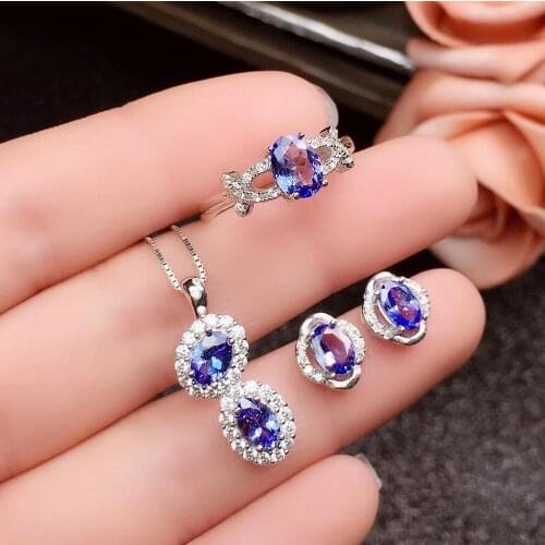 Natural and Real Tanzanite Set 925 sterling silver 1pc Tanzanite Ring,2pcs Tanzanite Earring,1pc Tanzanite Pendant