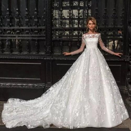 Vestidos De Novia Long Sleeve Ball Gown Wedding Dress Hand Made Flowers Princess Robe De Mariage Boat Neck Hochzeitskleid