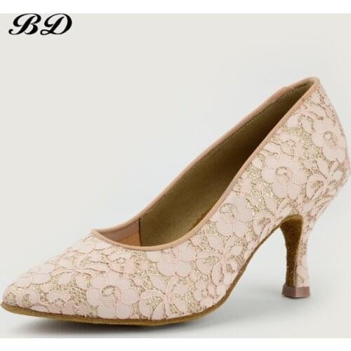 TOP BD Dance Shoes Modern Woman Ballroom Shoes Adult Soft Bottom National Standard Friendship Tango Latin 104-B Lace Pink BAGS