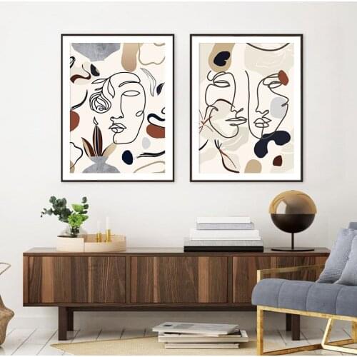 Trendy Abstract Beige Face Line Bohemia Wall Art Prints Posters Pictures Canvas Painting Living Room Home Interior Decoration