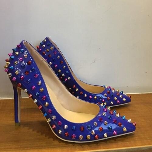 2019 Fashion free shipping new blue spikes Patent Leather Poined Toe Stiletto high heel shoe pump HIGH-HEELED SHOE dress shoes