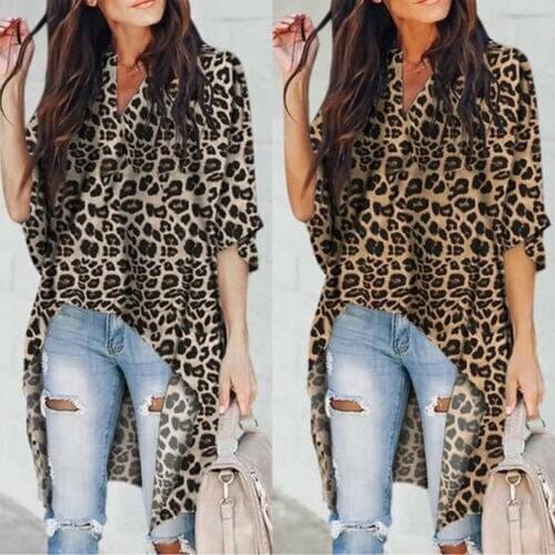 2019 New Style Womens Casual V-Neck Blouse Half Flare Sleeve Long Shirt Ladies Irregular Leopard Print Tops and Blouse Summer