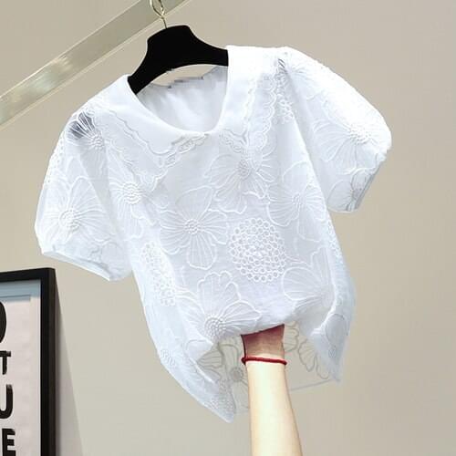 Short Sleeve Lace Shirt Women Solid Color Embroidered Hollow Blouses 2021 Summer Korean Style Girls Students Pullover Top