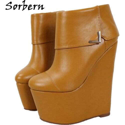 Sorbern Brown Wedges Short Booties Thick Platform Turn Over Ladies High Heel Shoe For Women 2021 Customized Colors