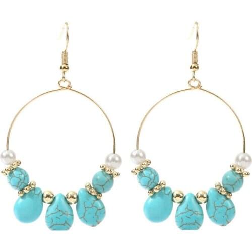 Natural Stone Hoop Wire Teardrop Blue Stone for Women Medium Hoop Style Goldtone Earrings