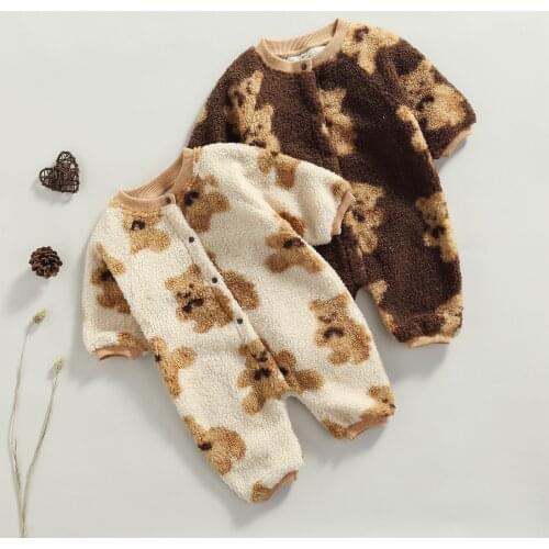 Winter Autumn Warm Newborn Baby Button Down Jumpsuit Short Sleeve Cute Bear Print Fleece Romper Long Sleeve Infant Outwear