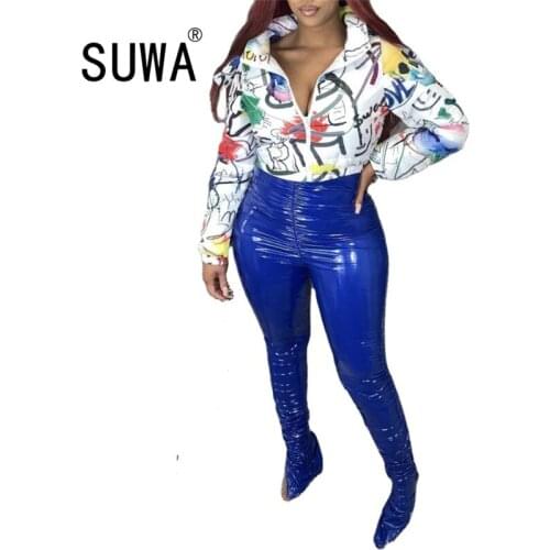 Graffiti Print Winter Warm Parka Down Bubble Coat Jackets Women Festival Zipper Up Full Sleeve Thick Crop Puffer Jacket HotSale