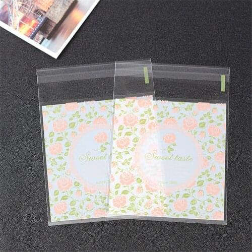 100pcs Sweet Taste Letter Candy Biscuit Cookie Candy Bag Peony Rose Flower Pattern Self-adhesive Snack Bags 10x10+3cm