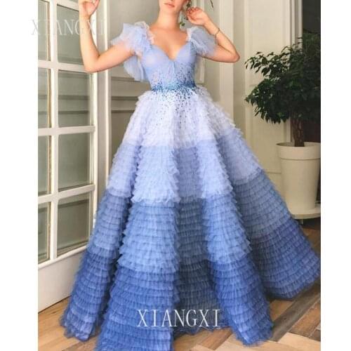 2020 Couture Ombre bleu Robe de soirée en couches Tulle élégant soirée Robe formelle col en V à manches courtes bal robes de soi