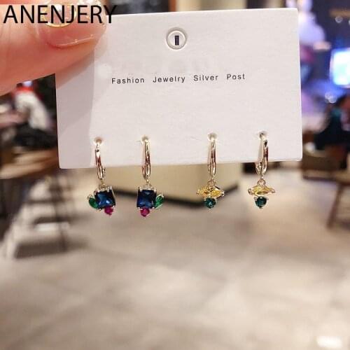 ANENJERY Colored Cubic Zircon Hoop Earrings Set 925 Sterling Silver Geometric Earrings Jewelry For Women 6-piece Set S-E1138