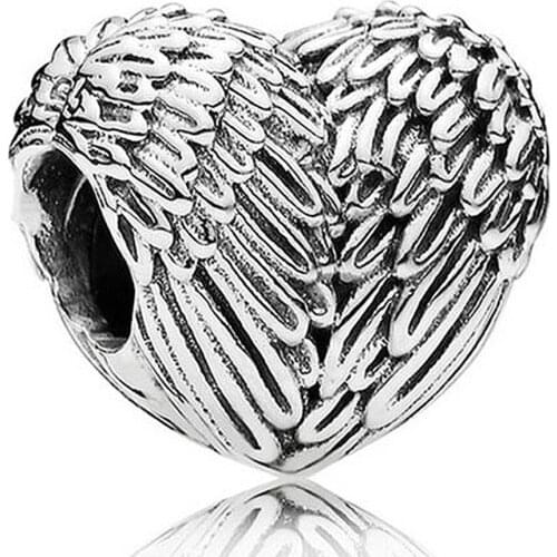 Authentic S925 Bead Charm Cute Love Heart Angelic Feathers Beads for Women Bracelet Bangle DIY Jewelry