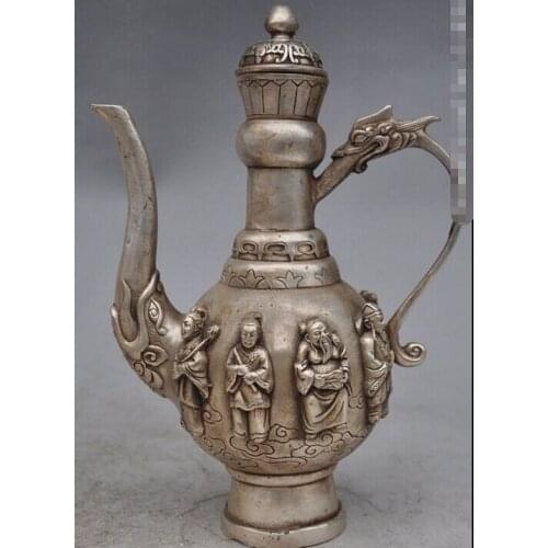 Decoration bronze factory outlets Tibet Silver 6"old chinese silver 8 Immortal god dragon head beast Wine Tea Pot Flagon statue