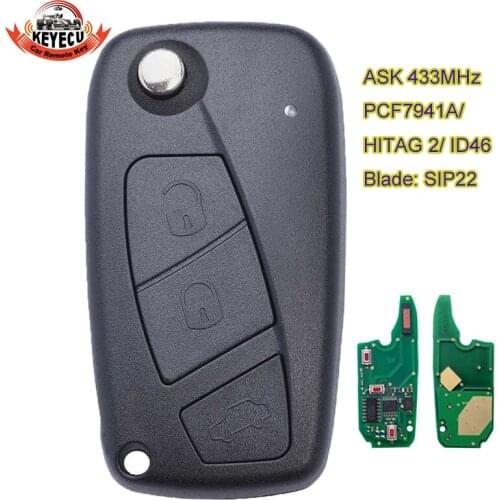 KEYECU Black Flip Remote Key Fob 3 Button ASK 433MHz PCF7941A/ HITAG 2 ID46 for Fiat Panda 2003-2012