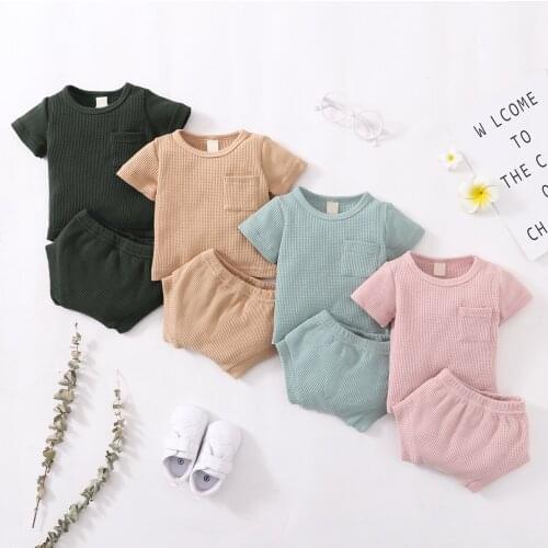 Baby Boys Girls Solid Color Clothes Sets Short Sleeve O-neck T-shirt with Pocket + Short Pants for Summer Children Clothing
