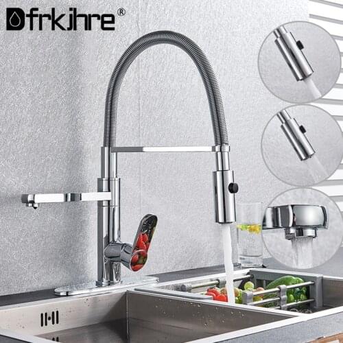 Chrome Kitchen Faucet Pull Down Deck Mounted Two Swivel Spout Hot And Cold Sink Tap With Stream Spray Kitchen Shower Head Crane