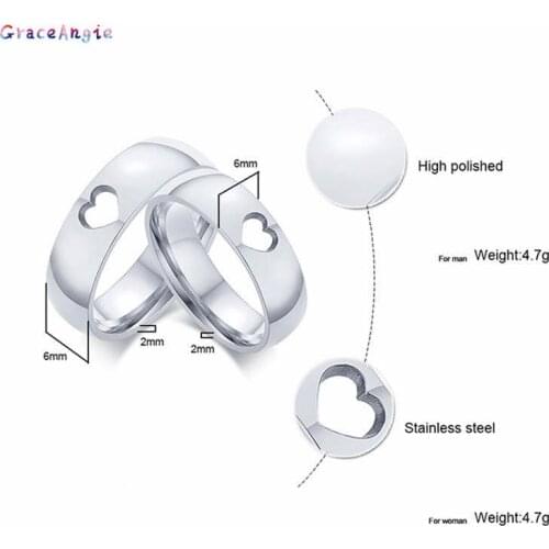 GraceAngie 6mm Stainless Steel Hollow Hearts Ring Jewelry Color Simple Couples Rings Man Woman Wedding Bands Ring Size 6-12