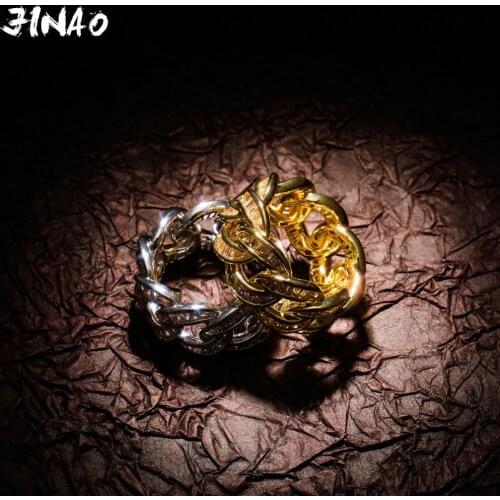 JINAO New Cuban Link Chain Ring Mens Hip Hop Gold Color Iced Out Cubic Zircon Jewelry Rings 7 8 9 10 11 Five Size