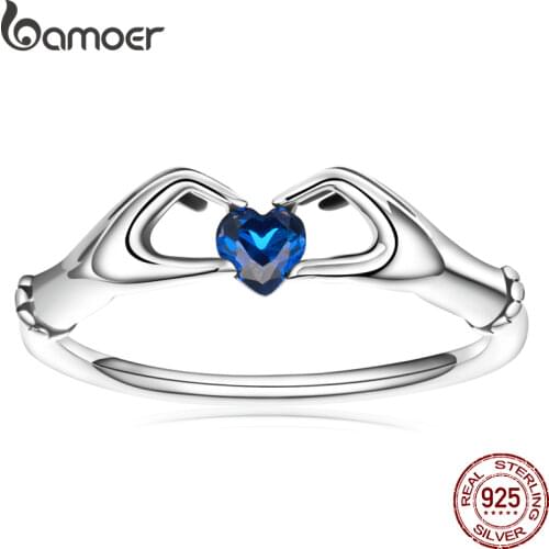 BAMOER Geometry Ring 925 Sterling Silver Express Love with Hands Ring for Women Inlaid Blue CZ Fashion Jewelry Engagement Gift