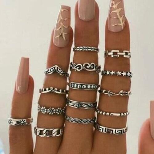 15Pcs/Set Trendy Knuckle Ring for Women Bohemian Vintage Silver Color Flower Twist Joint Ring Gothic Female Anillo Jewelry Gift