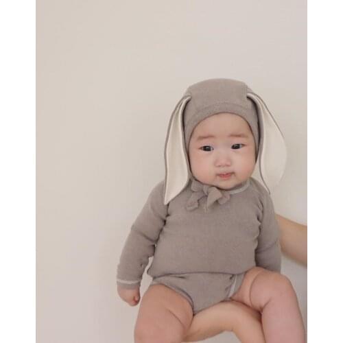 8680 Ins Infant Clothing Spring And Autumn Pure Color Rabbit Ear Long Sleeve Baby Romper Set Home Pajamas Suit Newborn Suit