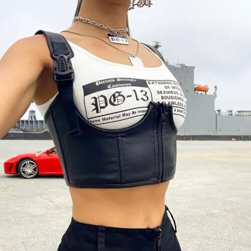 Cool Hip Hop Dance Womens PU leather Buckle Vest Slim Short Solid Color Sleeveless Top Suitable for Club Nightclubs (S/M/L)