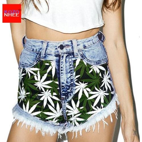 Summer Stretch 3D Leaves Patch Denim Shorts With High Waist Elasticity Pattern Bohemia Women Denim Shorts