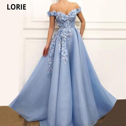 LORIE Blue Prom Gowns Off Shoulder Sweetheart 3DFlowers AppliquEvening Dresses Long Formal Party Princess Beauty pageant Dresses