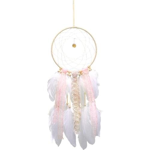Girl Heart Dream Catcher National Feather Ornaments Lace Ribbons Feathers Wrapped Lights Dreamcatcher Living Room Decoration