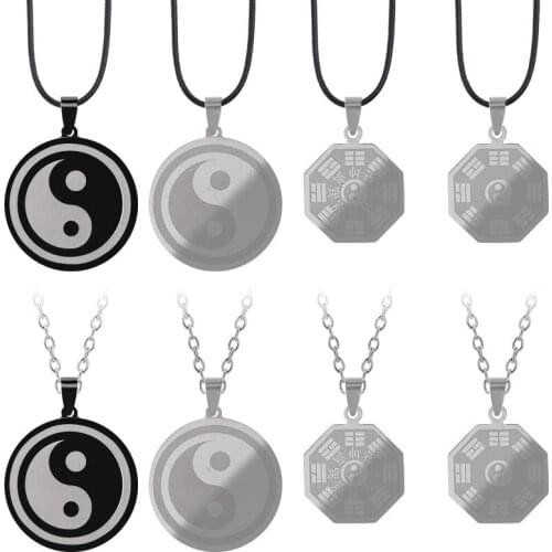 Fashion Creative Men Necklace Gossip Nine Palace Tai Chi Yin Yang Titanium Steel Pendant Black Leather Rope Jewelry Gift