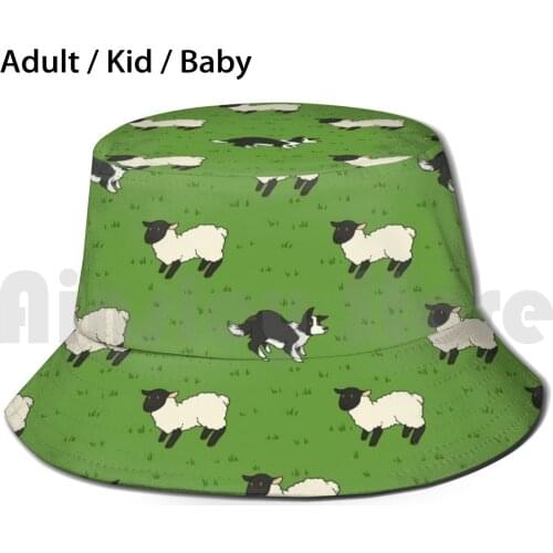 Come Bye - B&W Dog And Black Sheep Sun Hat 37 Bucket Hat Sheepdog Border Collie Border Collies Herding