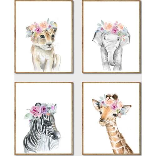 Elephant Giraffe Zebra Lion Children Poster Animal Wall Art Canvas Nursery Print Painting Nordic Kid Baby Room Decor Picture