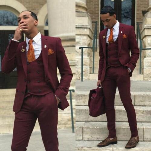 Burgundy 3 Pcs Mens Suits Wedding Tuxedos Custom Made 2020 Groom Groomsmen Suit Mens' Business Formal Wear