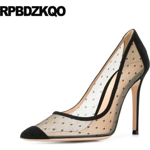 12 44 Polka Dot Us Size 13 Ladies Shoes Big High Heels Scarpin 12cm 5 Inch Pointed Toe Italian Ultra Extreme Fetish Pumps Mesh
