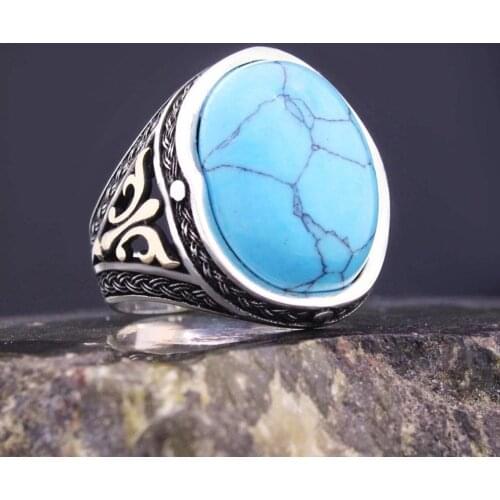Solid 925 Sterling Silver Turkish Oval Turquoise Stone Mens Ring Special Ring Jewelry Accessory For Men Gift Idea