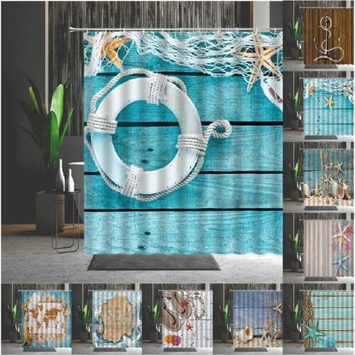 Old Fashioned Wood Grain Shower Curtains Starfish Shell Conch Swimming Ring Sandy Beach Pattern Bathroom Curtain Set With Hooks