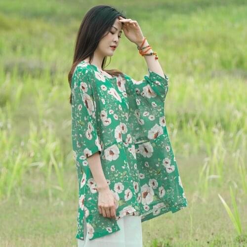Women Plus Size Printed Ramie Shirt Tops Female Loose Ramie Blouse Ladies 2020 Summer Ramie Oversized Shirts Tops