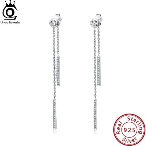 ORSA JEWELS Elegant 925 Silver Drop Earrings Full 4A Zirconia Stone Long Chain Dangle Earrings Jewelry Gift Wholesale OSE294