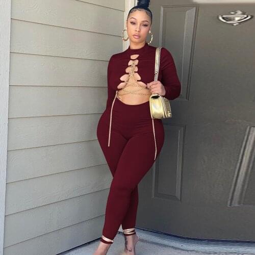 High Street Two Piece Set Women Hipster Casual Solid Chain Lace Up Long Sleeve Crop Top+slim Stretch Trouser Female Tracksuit