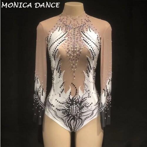Women Glisten Rhinestones Mesh Sexy Bodysuit Stage Costume Summer Nightclub Outfit Womens Party Dance Bodysuit Perspective Wear