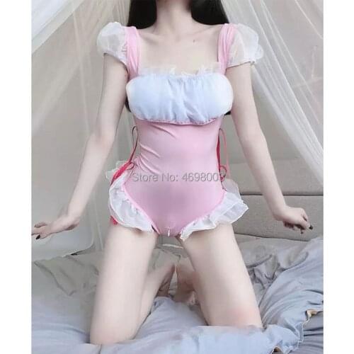 Women Sexy Maid Cosplay Lingerie Erotic Ruffles Backless Bodysuit Anime SUKUMIZU One Piece Cute Lolita Lingerie Set Wholesale