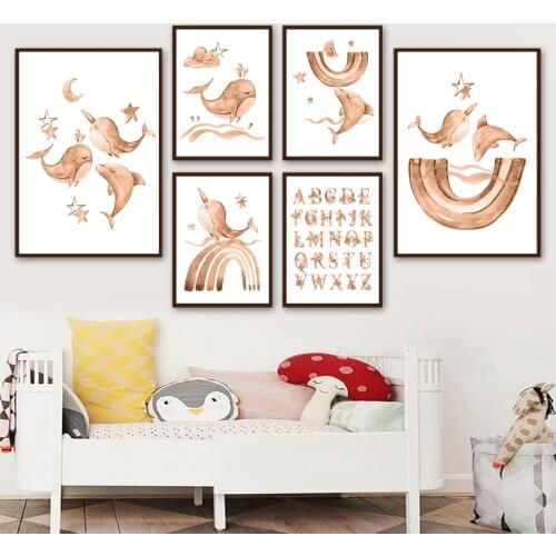 Golden Stars Moon Whale Alphabet Cartoon Animal Wall Art Canvas Painting Nordic Posters And Prints Wall Pictures Kids Room Decor