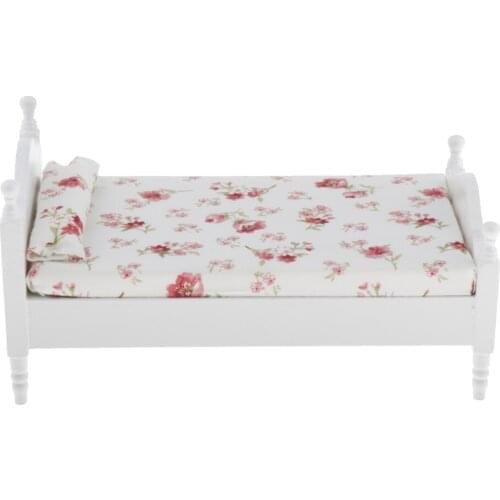 1/12 Dollhouse Furniture Wooden Double Bed White Floral Bed Bedroom Accs